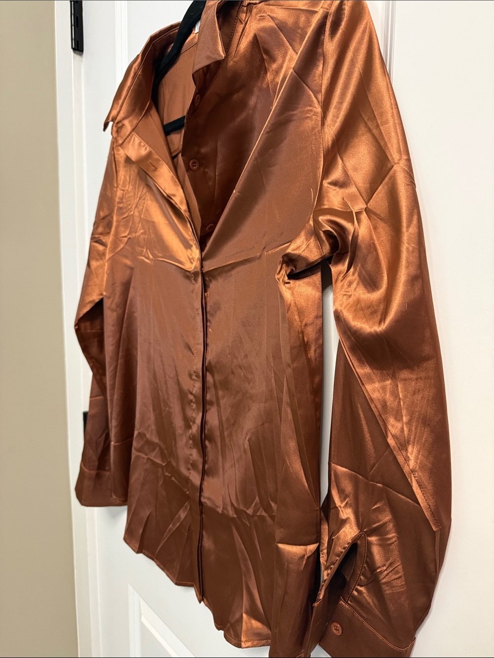 zeagoo Satin Button-Down Blouse in Copper Brown - Picture 5 of 6